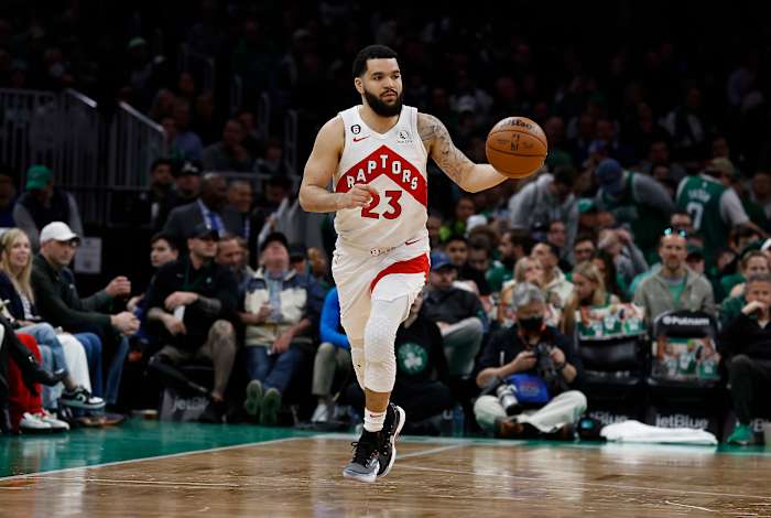 Apr 7, 2023; Boston, Massachusetts, USA; Toronto Raptors guard Fred VanVleet (23) brings the ball up the court against the Boston Celtics during the first quarter at TD Garden. Mandatory Credit: Winslow Townson-USA TODAY Sports